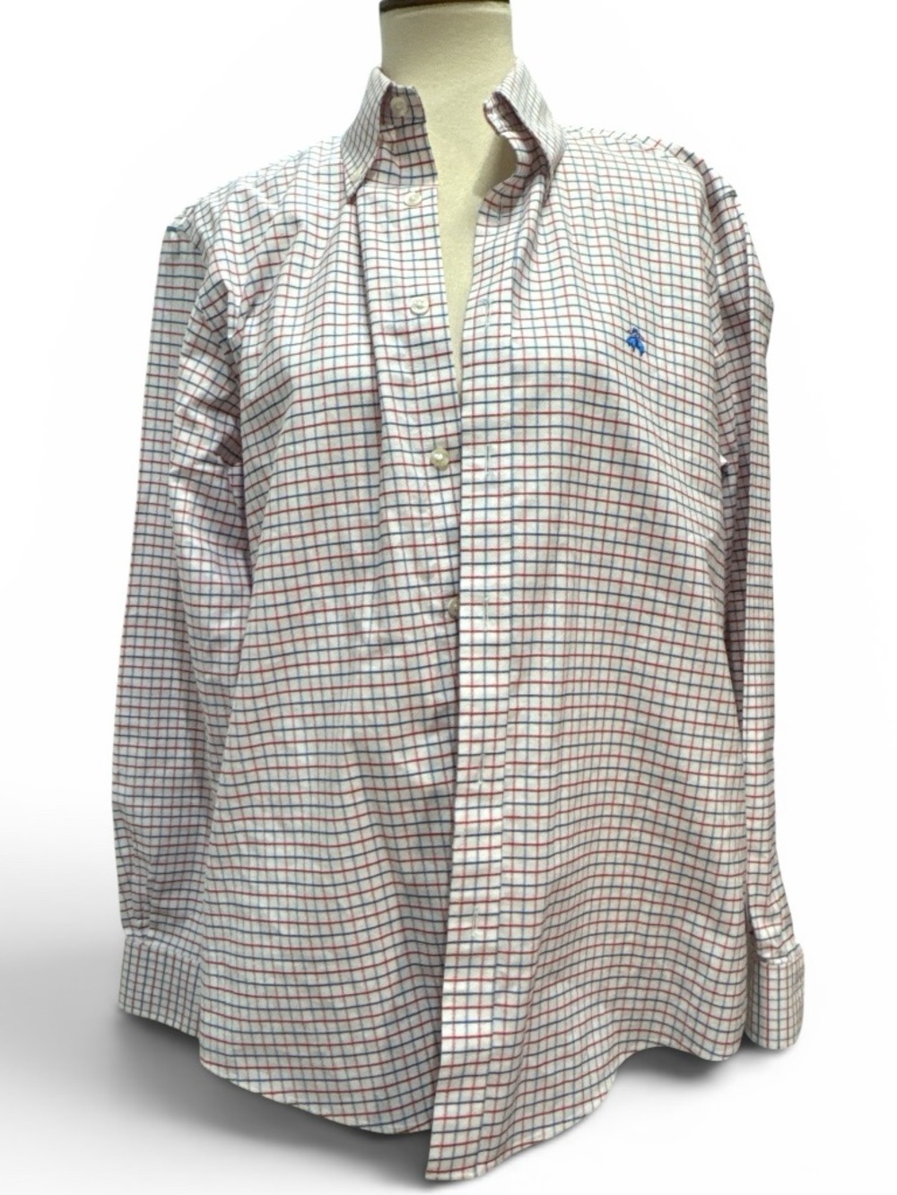 Brooks Brothers White Button-Down Shirt with Red & Blue Windowpane Check #588